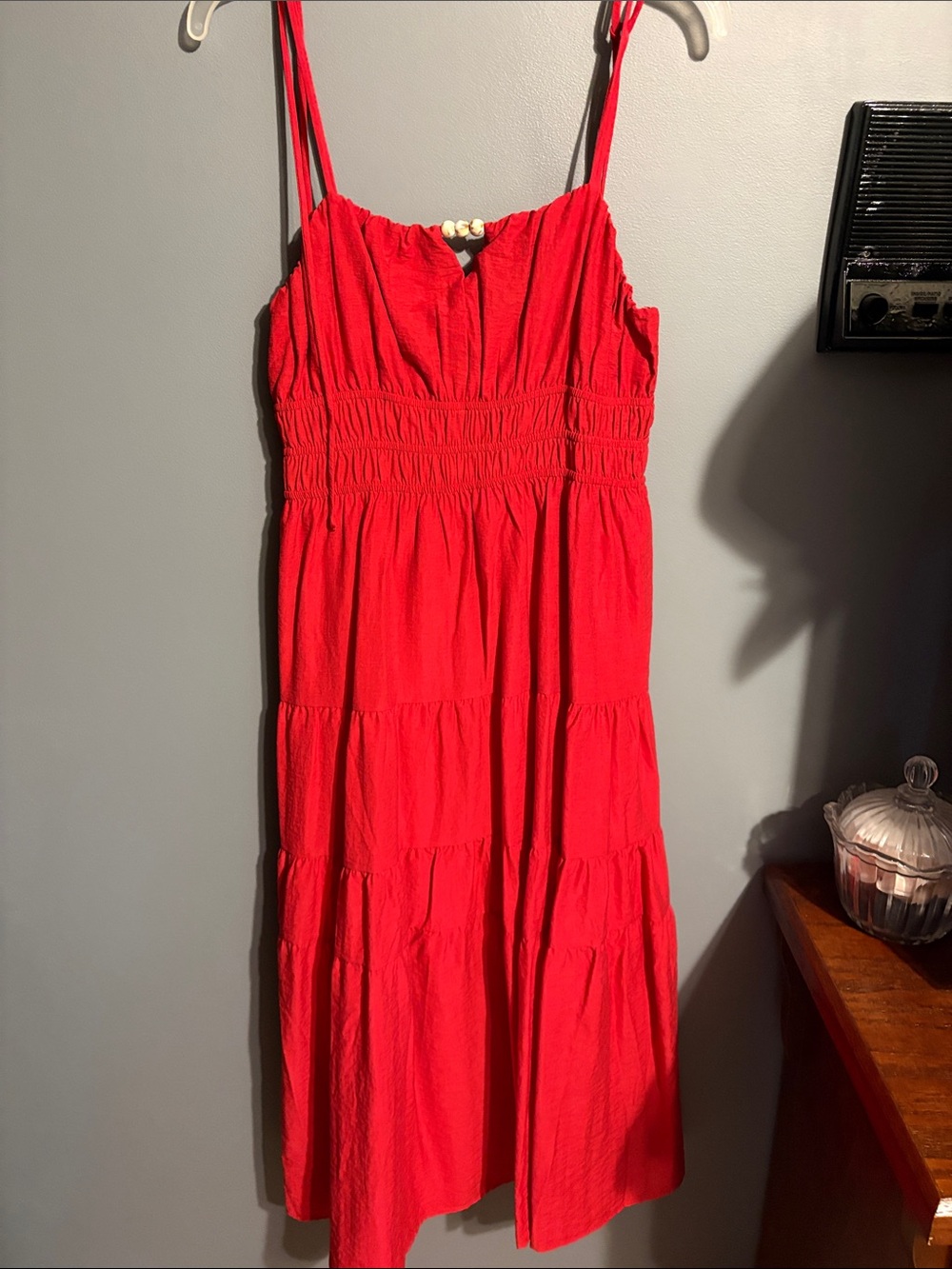 Monteau Red Smocked Midi Dress with Spaghetti Straps